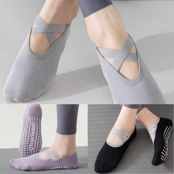 3 Pairs Yoga Pilates Reformer Ballet Strap Grip Socks Non-Slip Purple Black Gray - Picture 1 of 11